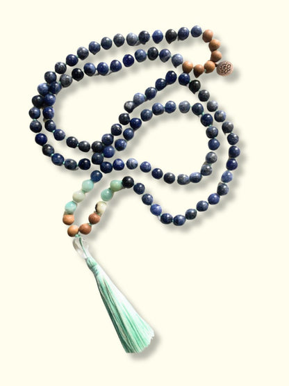 Sodalite, Amazonite, Sandalwood & Clear Quartz Guru Bead Mala with Lotus Charm 