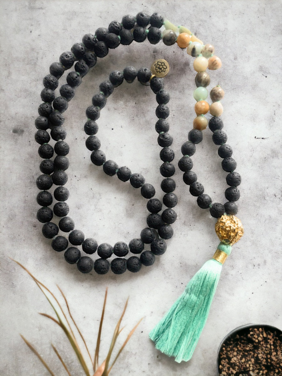 108-Bead Amazonite Lava Stone Mala Necklace