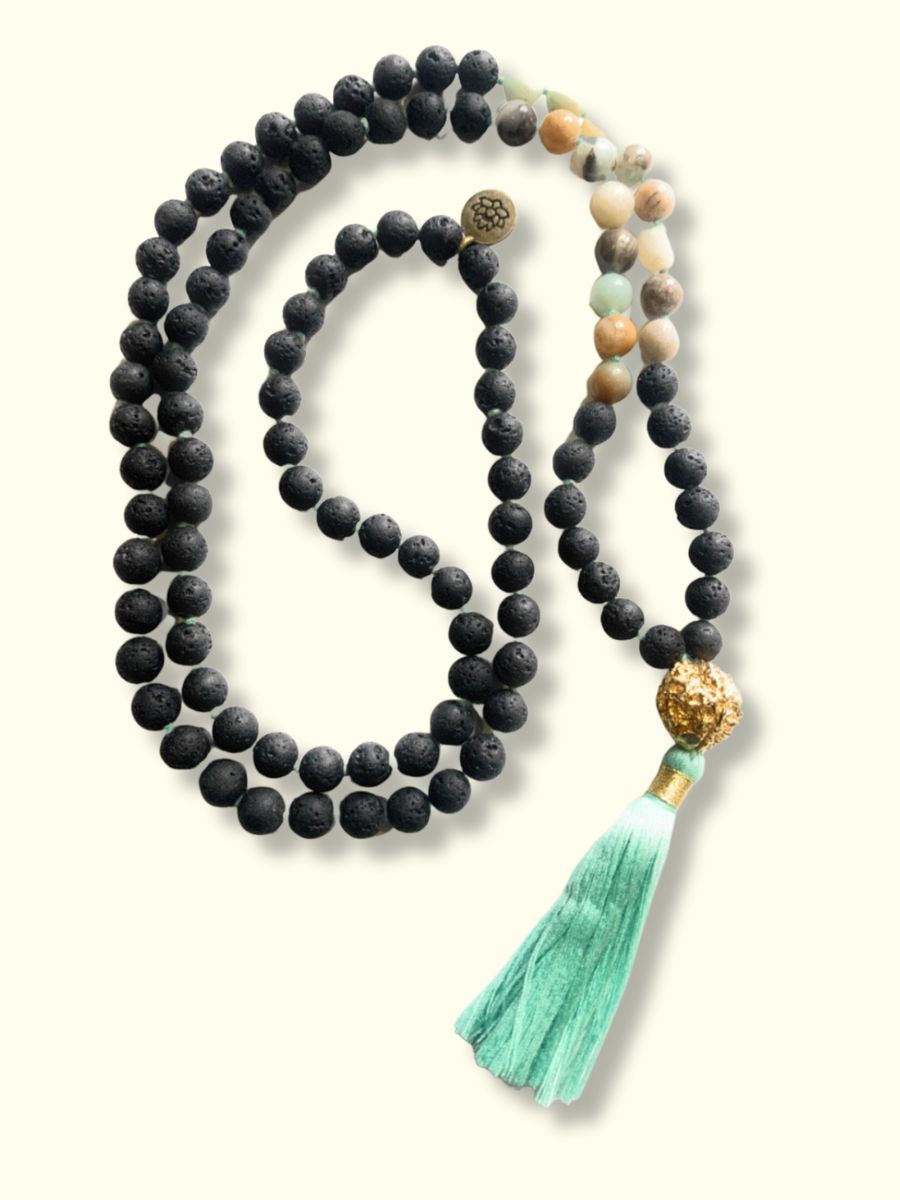 Amazonite lava stone mala Necklace with lotus symbol