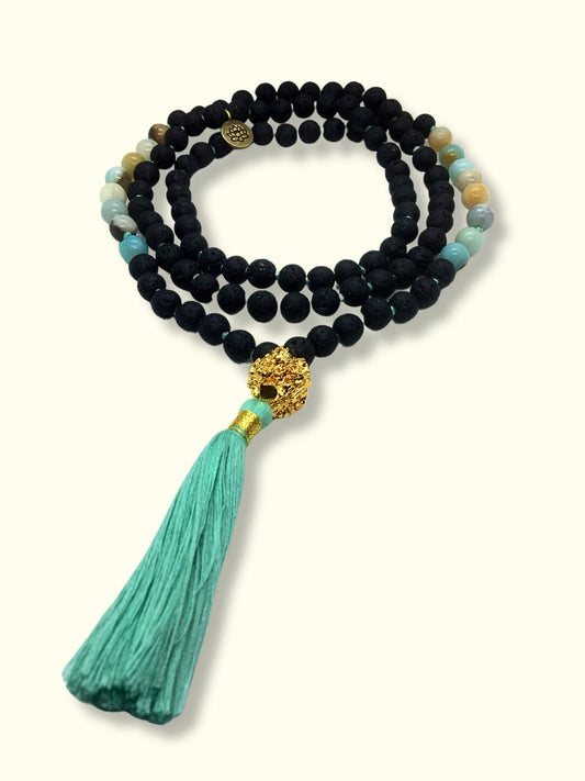 Amazonite lava stone mala Necklace with lotus symbol