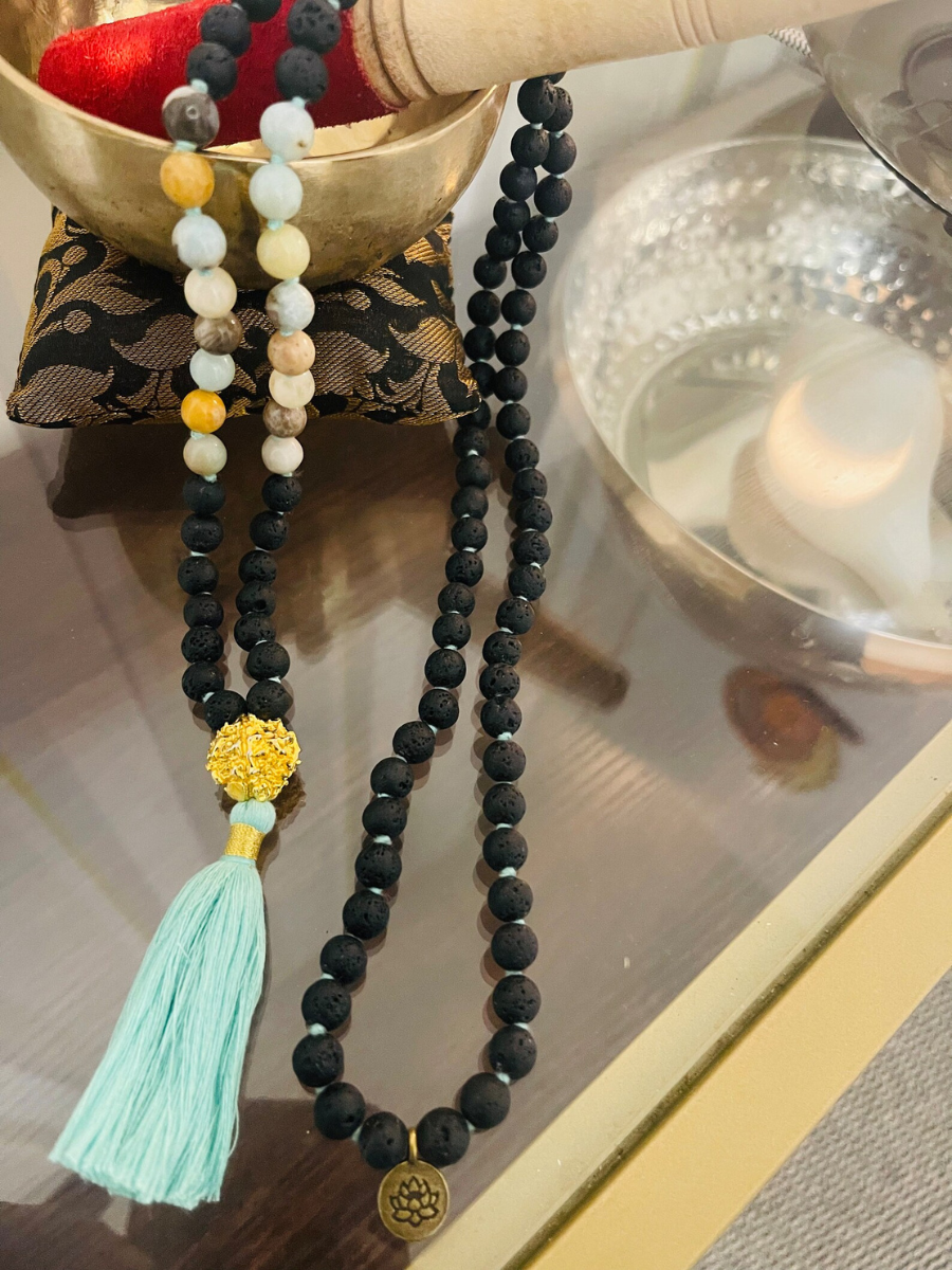 108-Bead Amazonite Lava Stone Mala for Meditation