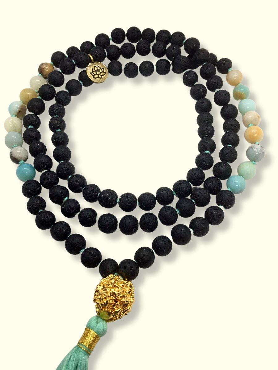 Amazonite lava stone mala Necklace with lotus symbol