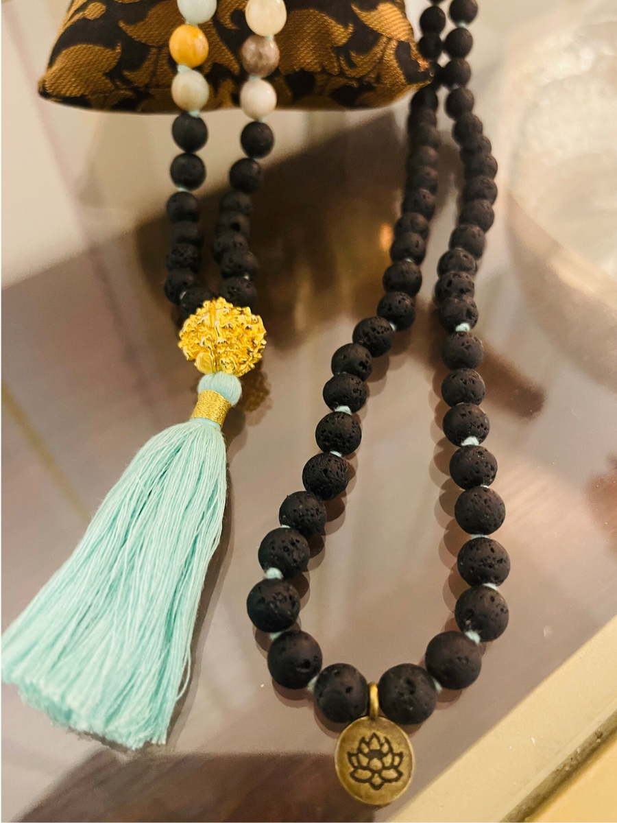 108-Bead Amazonite Lava Stone Mala for Meditation