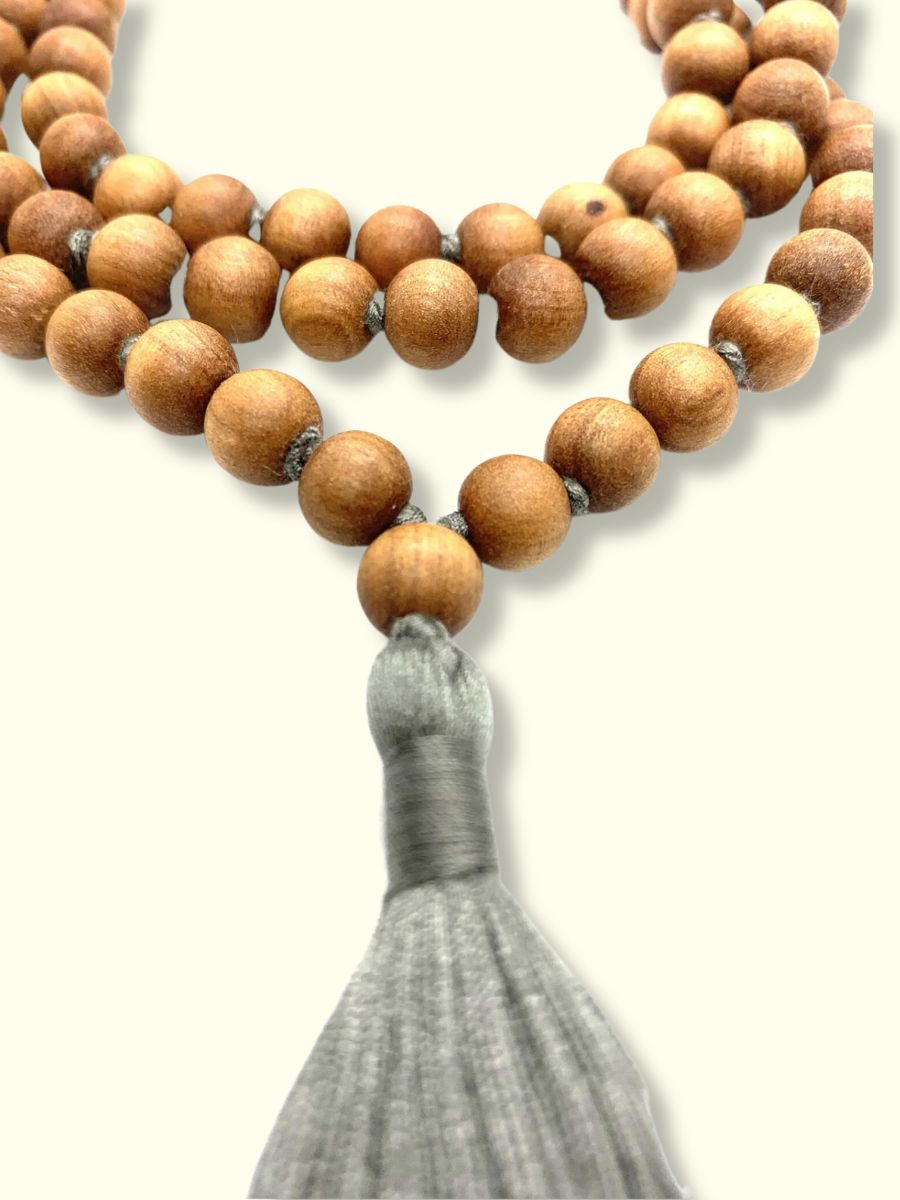 Natural Sandalwood Buddha Mala necklace Grey