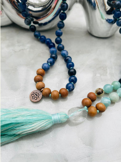 Sodalite, Amazonite, Sandalwood & Clear Quartz Guru Bead Mala with Lotus Charm 