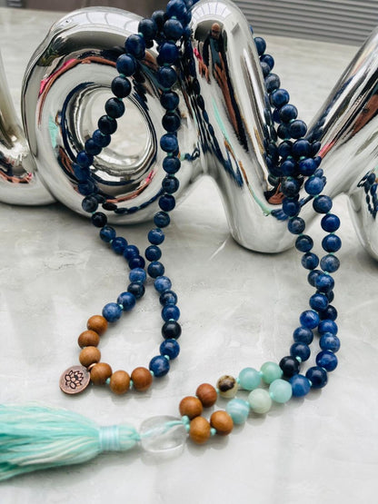 Sodalite, Amazonite, Sandalwood & Clear Quartz Guru Bead Mala with Lotus Charm 