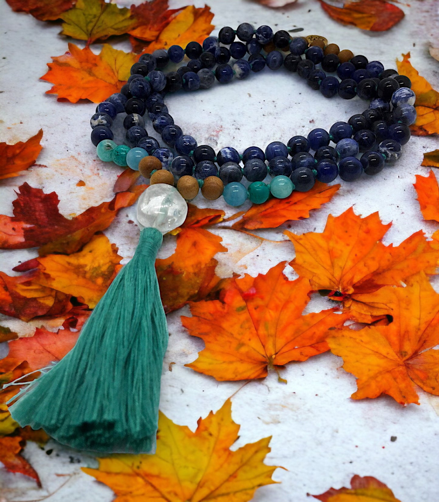 Sodalite, Amazonite, Sandalwood & Clear Quartz Guru Bead Mala with Lotus Charm 