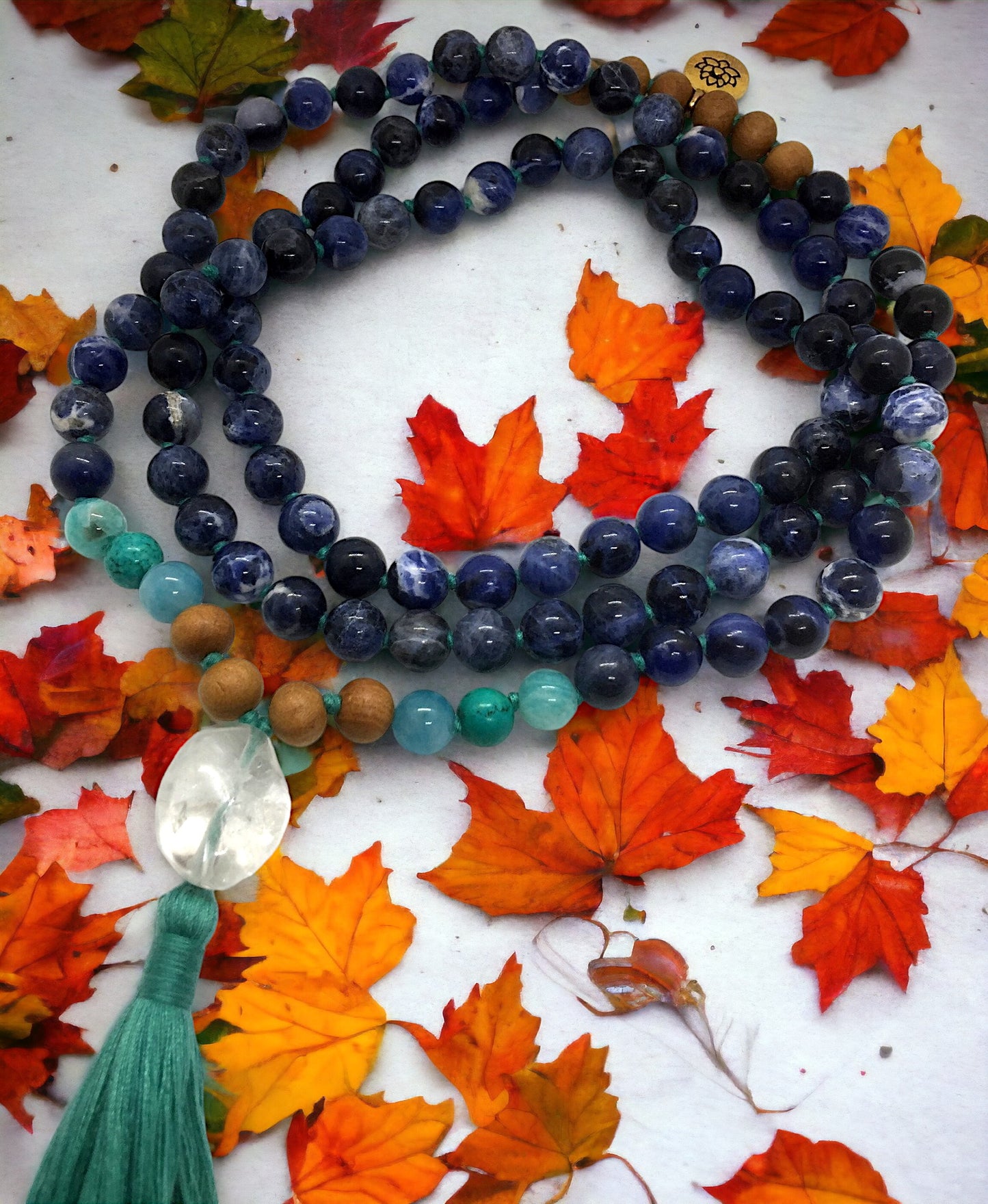 Sodalite, Amazonite, Sandalwood & Clear Quartz Guru Bead Mala with Lotus Charm 