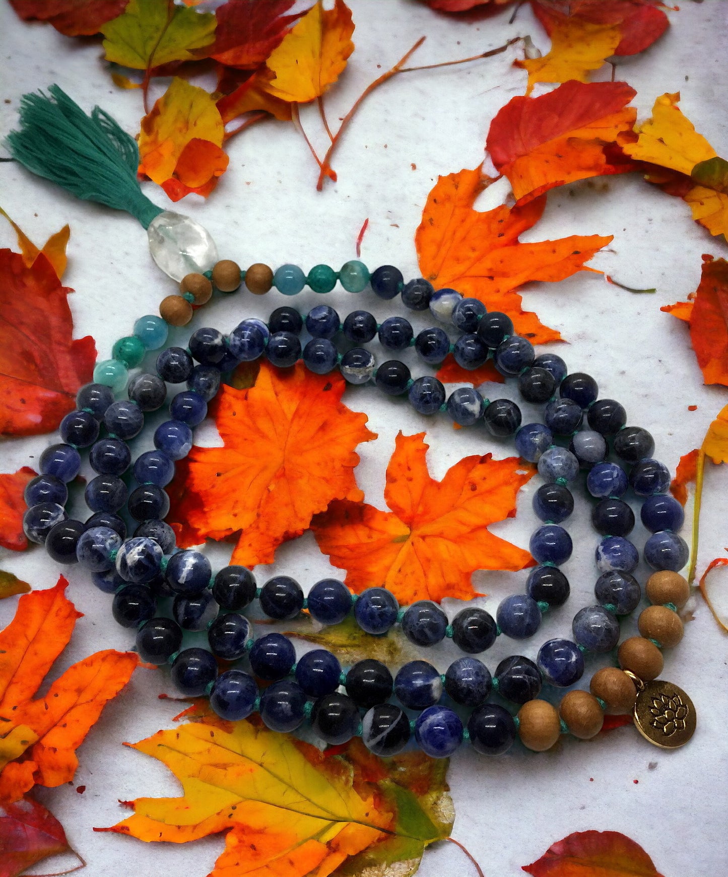 Sodalite, Amazonite, Sandalwood & Clear Quartz Guru Bead Mala with Lotus Charm 