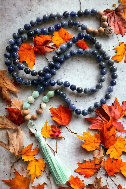 Sodalite, Amazonite, Sandalwood & Clear Quartz Guru Bead Mala with Lotus Charm 