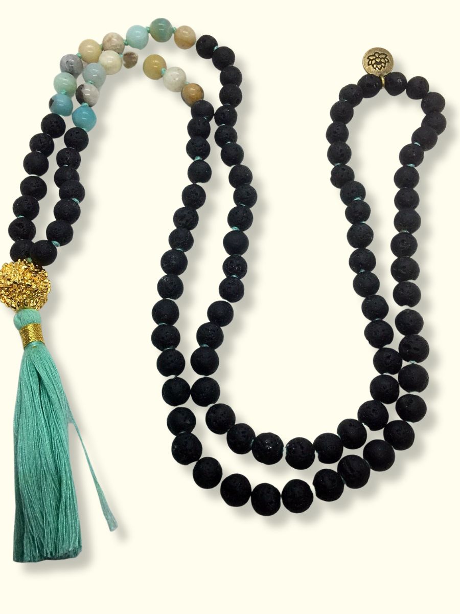 Amazonite lava stone mala Necklace with lotus symbol