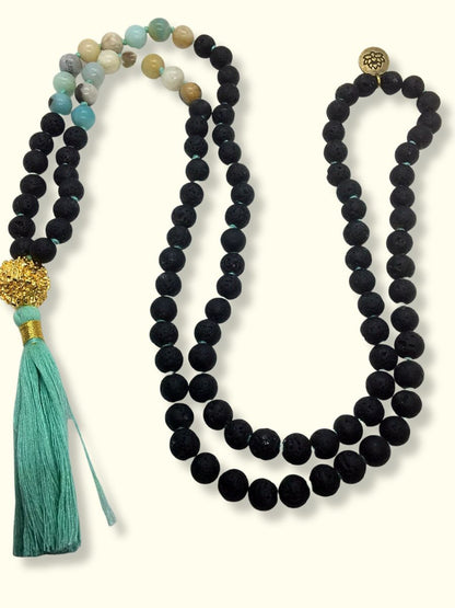 Amazonite lava stone mala Necklace with lotus symbol