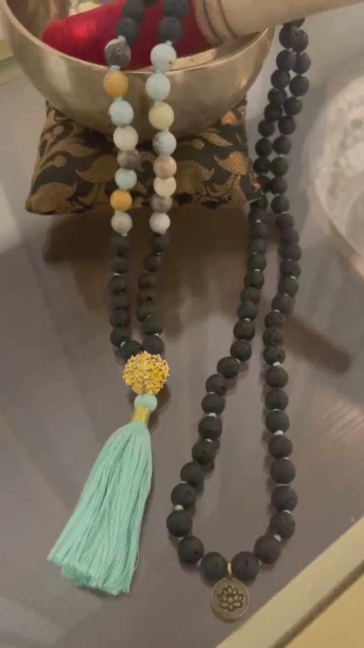 108-Bead Amazonite Lava Stone Mala for Meditation