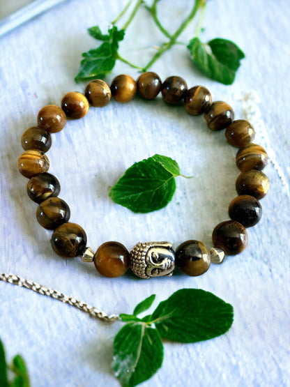 TIGER EYE BRACELET WITH SILVER HEAD BUDDHA